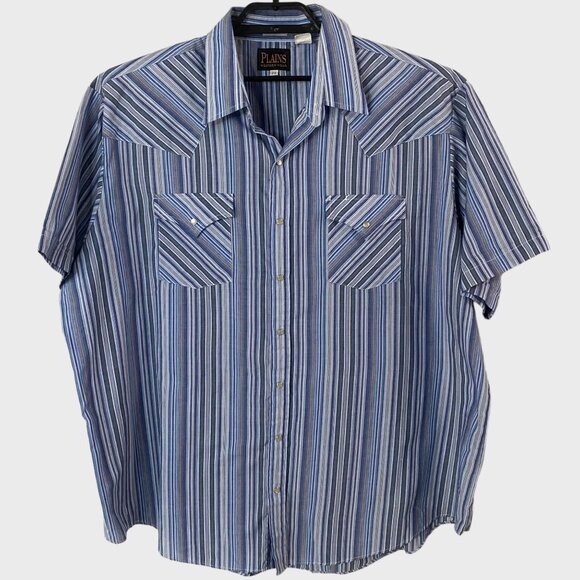 Vintage Plains Western Snap Button Short-Sleeve Shirt Men's 2X Blue Multi-Stripe - Picture 1 of 10